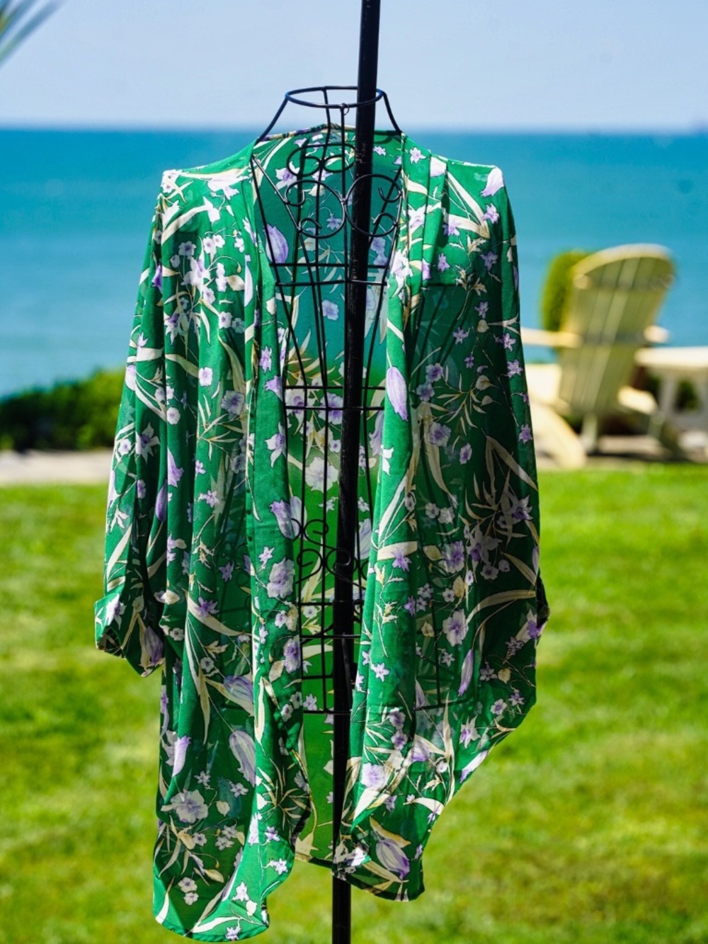 Green Floral Chiffon Kimono Cardigan Sheer Swim Cover Up Size Small